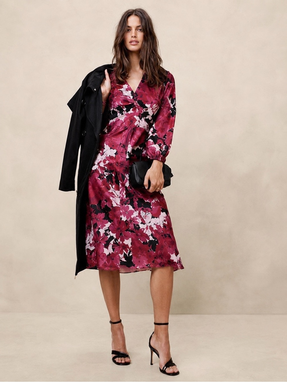 Banana Republic Floral Twist Front Midi Dress NWT Size 4 Pink Berry Print